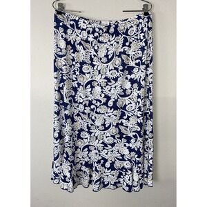 SJS Textured‎ Midi Skirt Blue White Brown Floral Elastic Waist Size Large Career